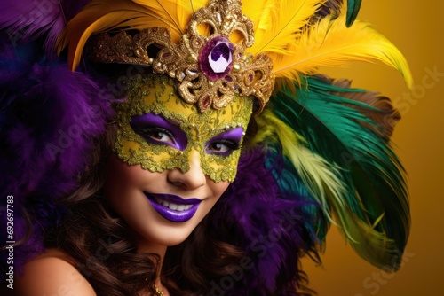 Energetic Mardi Gras image: A lively portrayal showcases a lady adorned in a mask with vivid feathers against a vibrant backdrop, symbolizing the lively concept of Mardi Gras. Generated AI