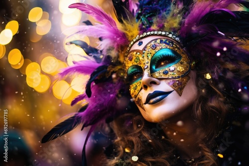 Vibrant celebration of Mardi Gras: An expressive image features a young woman in a mask with colorful feathers against a dynamic backdrop, representing the vibrant concept of Mardi Gras. Generated AI