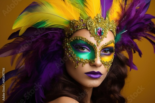 Embodying Mardi Gras concept: A lively depiction showcases a woman in a feathered mask against a vibrant setting, capturing the festive energy of Mardi Gras celebrations. Generated AI