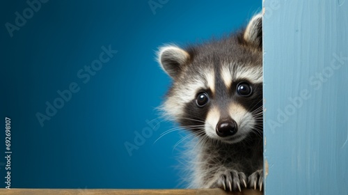 Generative AI image of Frightened racoon puppy peeks out from behind a corner on a blue background