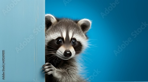 Generative AI image of Frightened racoon puppy peeks out from behind a corner on a blue background © Eitan Baron