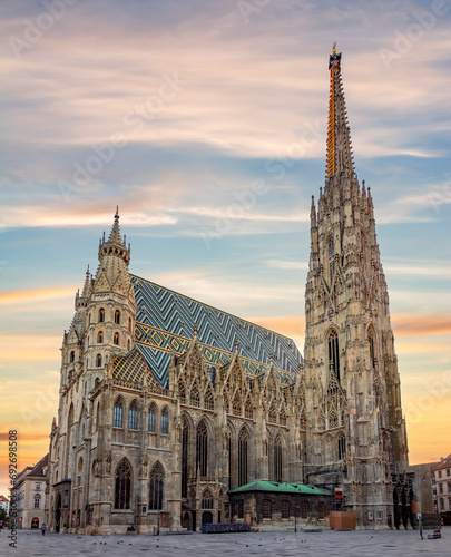 St. Stephen's cathedral on Stephansplatz square at sunrise, Vienna, Austria photo