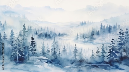 Winter landscape with coniferous forest and fog. illustration. Generative AI
