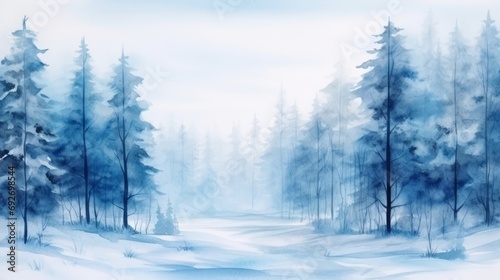 Winter forest landscape with fog and trees. Digital painting. illustration. Generative AI © Alex
