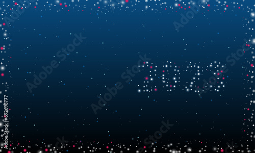 On the right is the 2023 year symbol filled with white dots. Pointillism style. Abstract futuristic frame of dots and circles. Some dots is pink. Vector illustration on blue background with stars