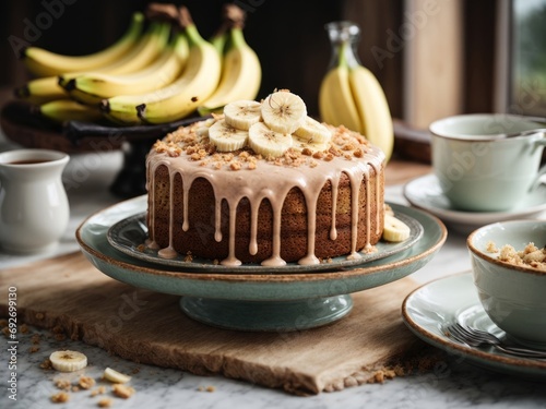 Beautiful composition with delicious banana cake on table, chocolate cake with nuts, piece of cake with nuts, cake with nuts and raisins, banana cake, banana crumble, cake with nuts and raisins