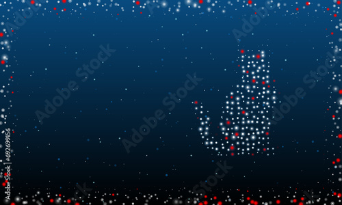 On the right is the cat symbol filled with white dots. Pointillism style. Abstract futuristic frame of dots and circles. Some dots is red. Vector illustration on blue background with stars
