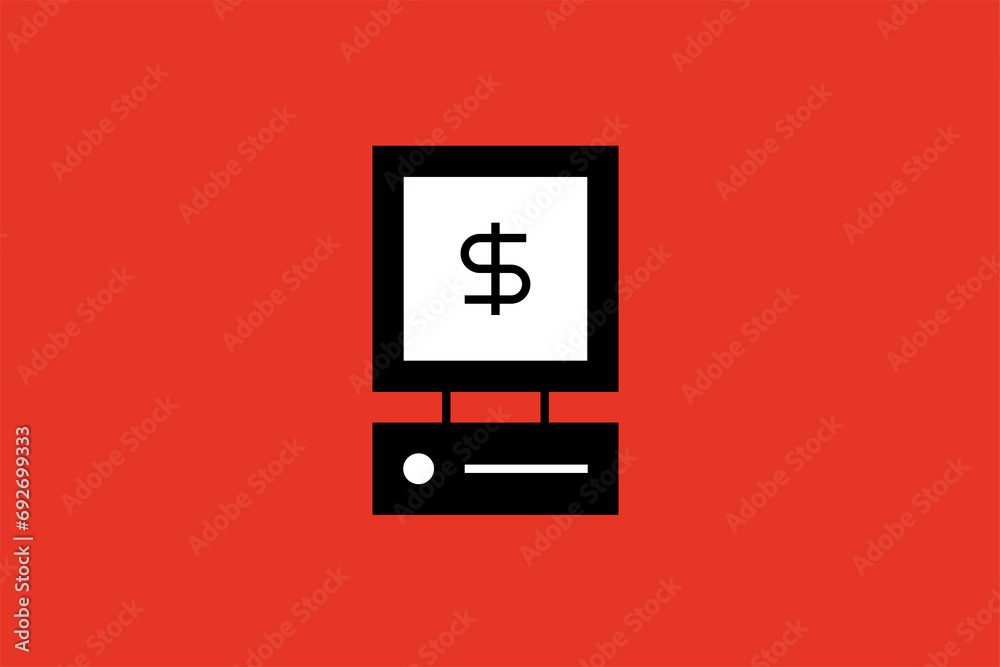ATM with dollar sign on screen on red background illustration. Vector illustration in flat style design. ATM with dollar sign on screen on red background illustration. Vector illustration in flat style design.