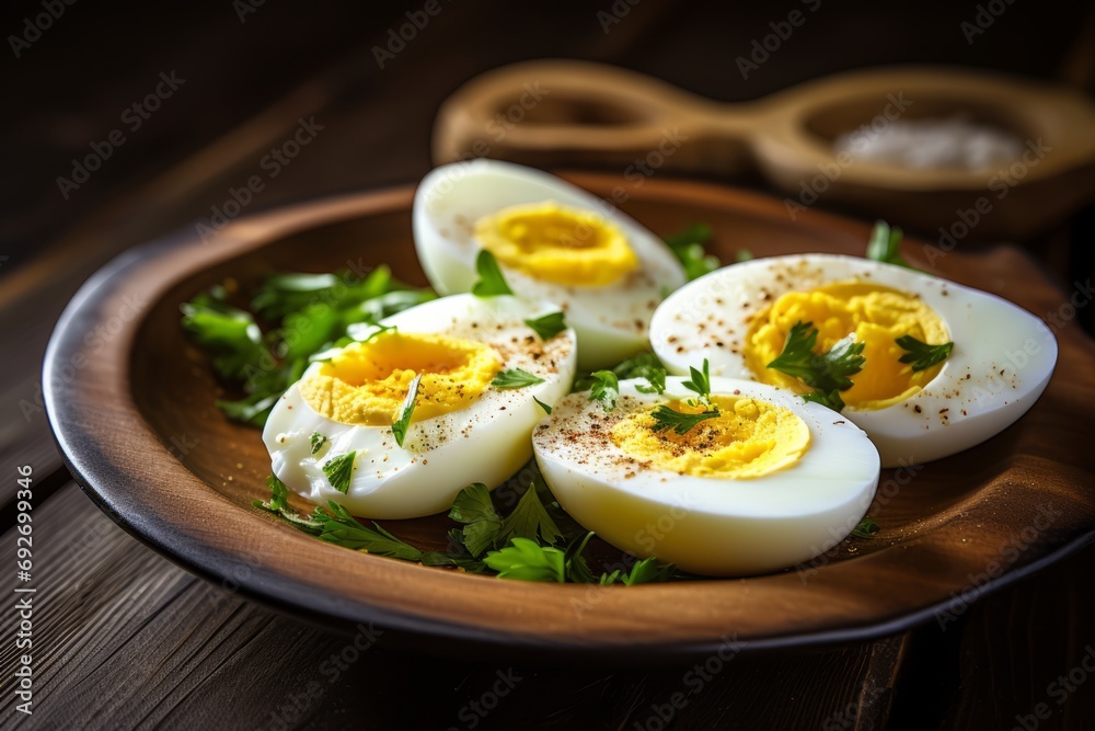A detailed view of a plate filled with halved hard-boiled eggs, showcasing their solid yellow centers, on a vintage wooden table