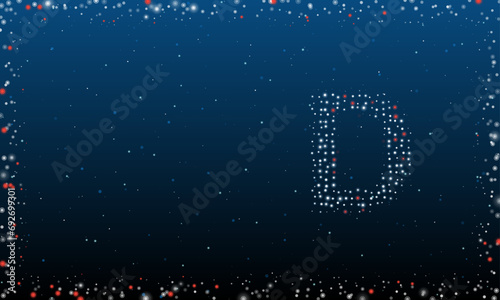 On the right is the capital letter D symbol filled with white dots. Abstract futuristic frame of dots and circles. Vector illustration on blue background with stars