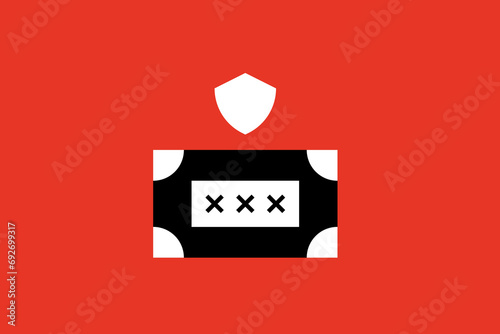 Shield over banknote with secure pin code on red background illustration. Vector illustration in flat style design.	