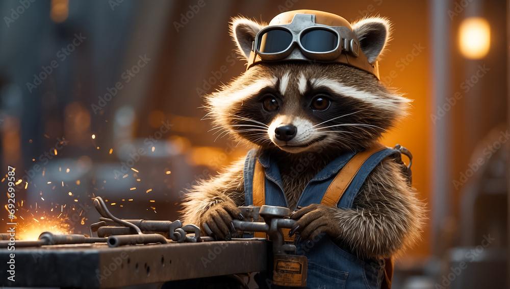 cute cartoon raccoon in work clothes, occupation