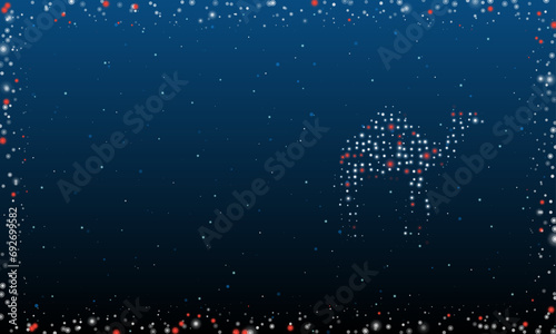 On the right is the camel symbol filled with white dots. Pointillism style. Abstract futuristic frame of dots and circles. Some dots is red. Vector illustration on blue background with stars