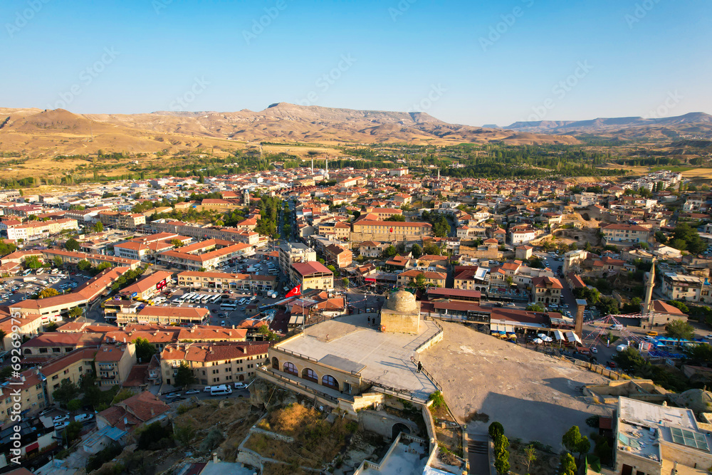 Urgup Town aerial view from Temenni Hill in Cappadocia Region of Turkey.