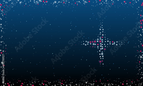On the right is the star symbol filled with white dots. Pointillism style. Abstract futuristic frame of dots and circles. Some dots is pink. Vector illustration on blue background with stars