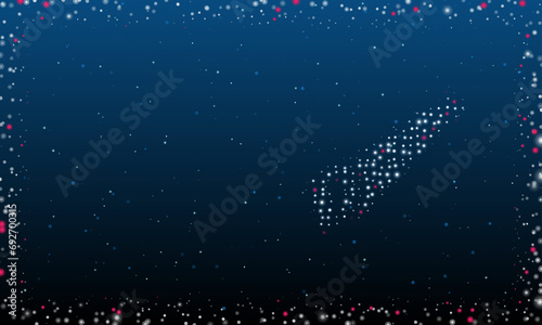On the right is the hand saw symbol filled with white dots. Pointillism style. Abstract futuristic frame of dots and circles. Some dots is pink. Vector illustration on blue background with stars