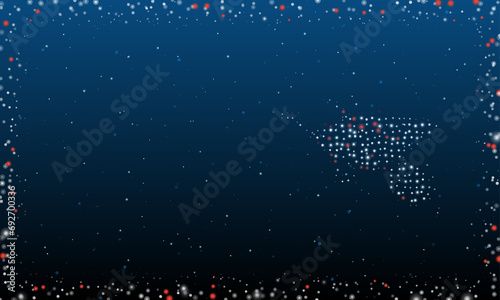 On the right is the garden cart symbol filled with white dots. Pointillism style. Abstract futuristic frame of dots and circles. Some dots is red. Vector illustration on blue background with stars