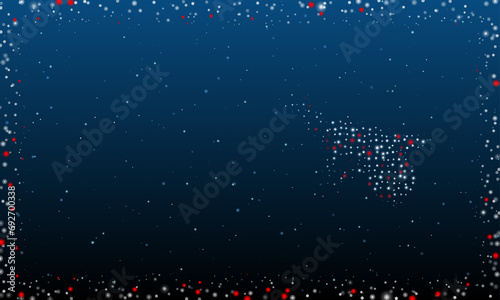 On the right is the garden wheelbarrow symbol filled with white dots. Abstract futuristic frame of dots and circles. Vector illustration on blue background with stars
