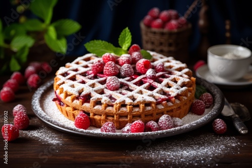 Close-up of a traditional Austrian Linzertorte, perfectly baked and dusted with powdered sugar, accompanied by fresh raspberries photo