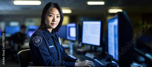 Young Asian woman working as police officer - sitting at her desk in evening, using computer. Generative AI photo