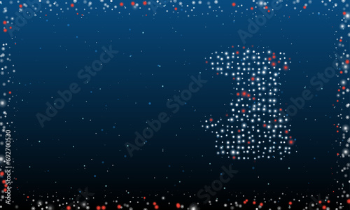 On the right is the sanding machine symbol filled with white dots. Pointillism style. Abstract futuristic frame of dots and circles. Some dots is red. Vector illustration on blue background with stars