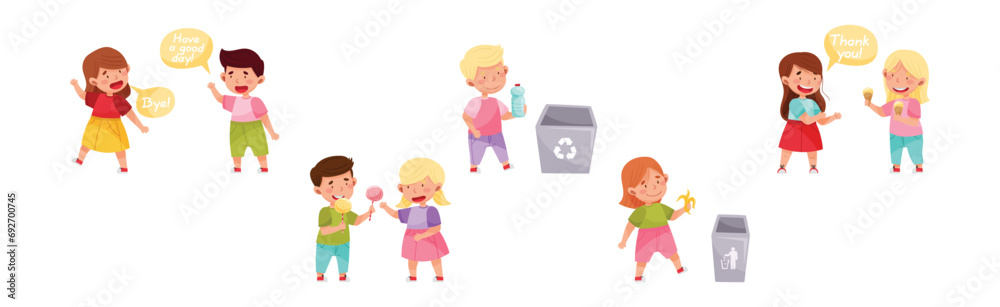 Polite Children Character with Courteous Behavior in Different Situation Vector Set Polite Children Character with Courteous Behavior in Different Situation Vector Set