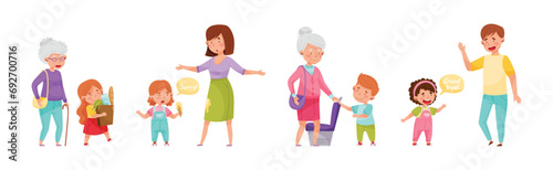 Polite Children Character with Courteous Behavior in Different Situation Vector Set