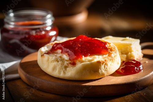 Morning breakfast scene featuring a buttered English muffin, strawberry jam, and a hot cup of coffee on a wooden table