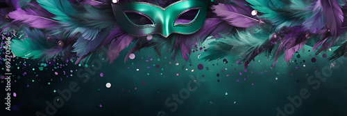 Carnival mask on a green background, suitable for design with copy space, Mardi Gras celebration. photo