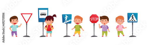 Cute Boy and Girl Child Learning Rules of Road and Traffic Education Vector Set photo