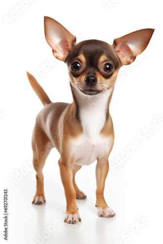 Chihuahua puppy standing on white background.