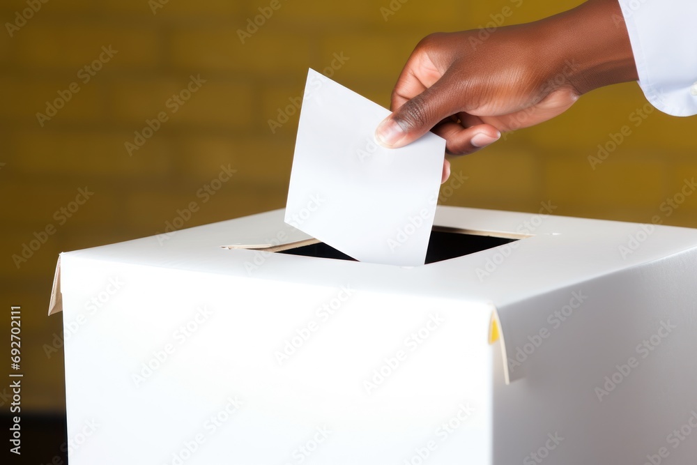 Citizen's Choice: Hand Depositing Ballot in Voting Box, Close-Up View Citizen's Choice: Hand Depositing Ballot in Voting Box, Close-Up View
