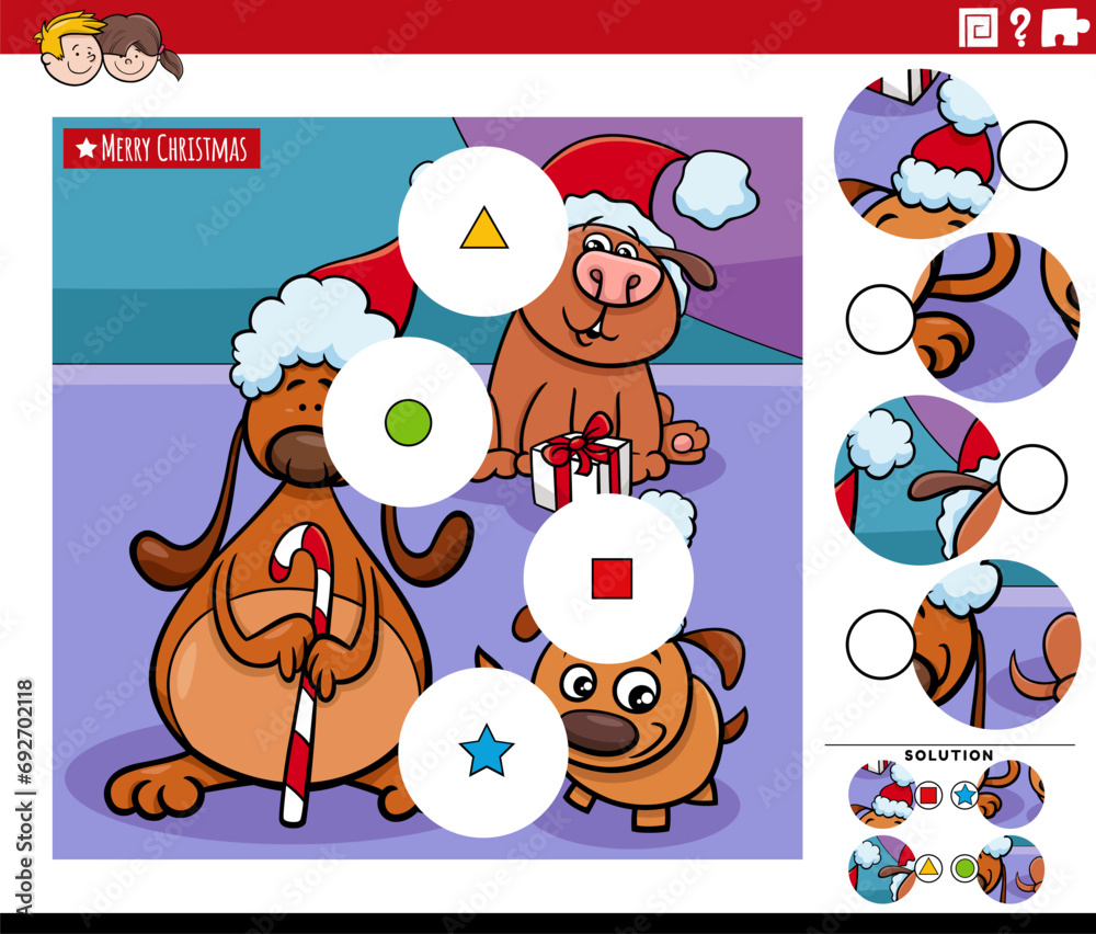 Fototapeta premium match the pieces activity with cartoon dogs on Christmas