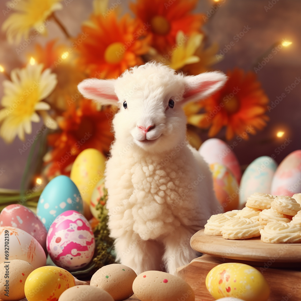 Kartka z życzeniami na Wielkanoc . Wielkanocny Baranek, pisanki i  żonkile - obrazy, fototapety, plakaty 