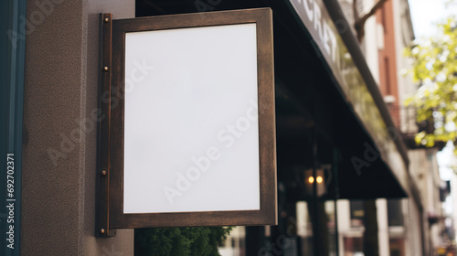 Generative AI, coffee shop street signboard mock up for logo design, brand presentation, aesthetic muted neutral colors, on the wall outdoor	
