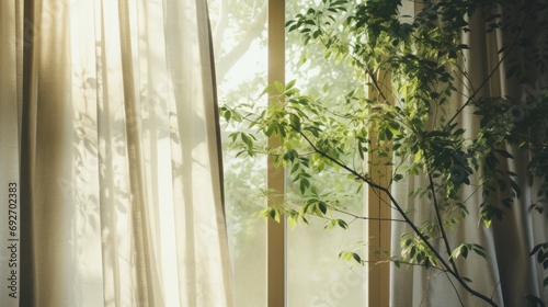 Sunlight shines into the room through the curtains on the window.