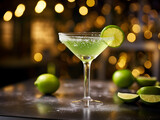 Cold gin gimlet cocktail decorated with lime on table, blurred light background 