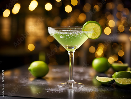 Cold gin gimlet cocktail decorated with lime on table, blurred light background  photo