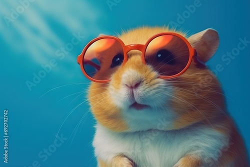 backdrop blue superimposed sunglasses donning hamster cool adorable pet rodent cute tiny small furry fun animal paw whisker stylish groovy funky unique fashion trendy hipster shades eyewear bright