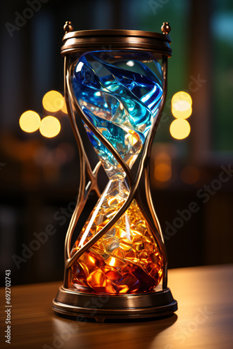 Generative AI. Colorful glass hourglass glowing against a sunset backdrop photo