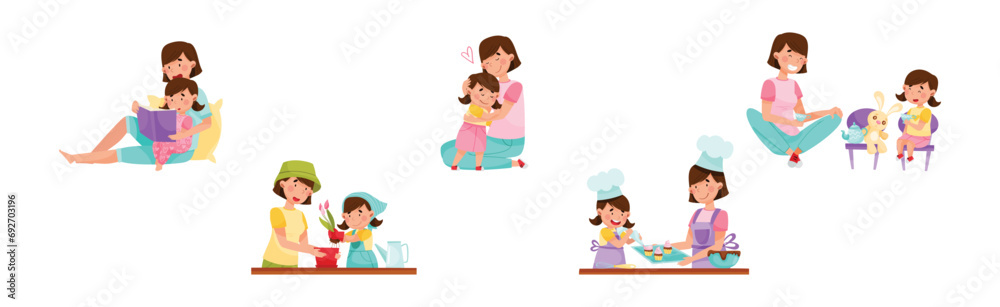 Mother and Daughter Characters Spending Time Together Vector Set