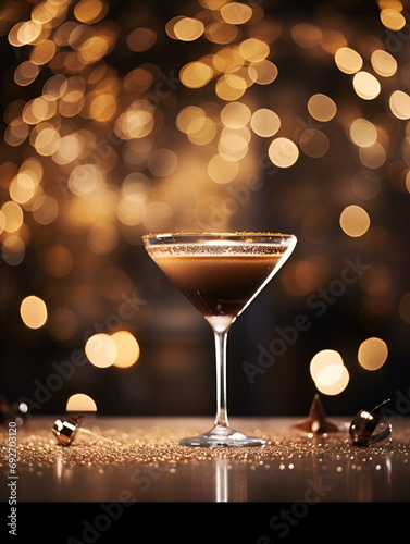 Delicious cold espresso martini on wooden table with brown blurry lights background 
