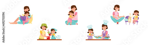 Mother and Daughter Characters Spending Time Together Vector Set