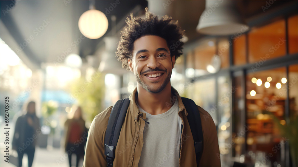 Fototapeta premium Portrait of handsome black young man with smile in cafe