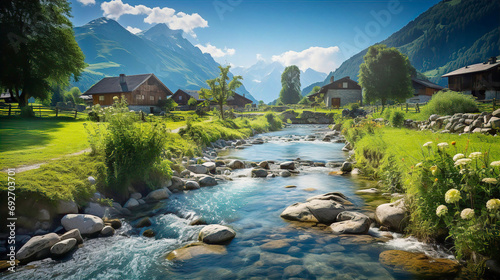 Beautiful Alps landscape with village, green fields, mountain river at sunny day. Swiss mountains at the background photo