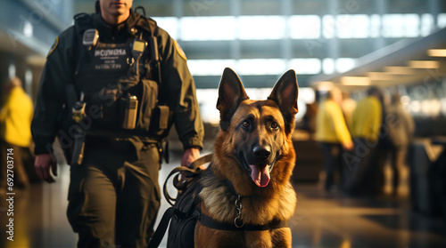 Police dog on duty in airport, checking travel suits and bags. Security and personal protection concept photo