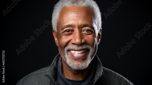 Portrait of black man with grey hair, king eyes and happy smile. 