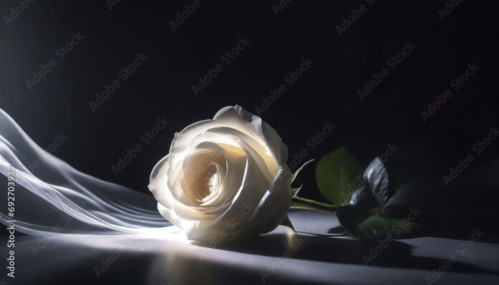 Rose auf dunklem Hintergrund mit Strahlen beleuchtet - obrazy, fototapety, plakaty 