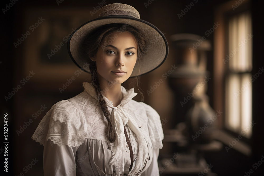 Female pioneer iconographic portrait, vintage early 1900s attire, soft-focus on facial features, antique room setting