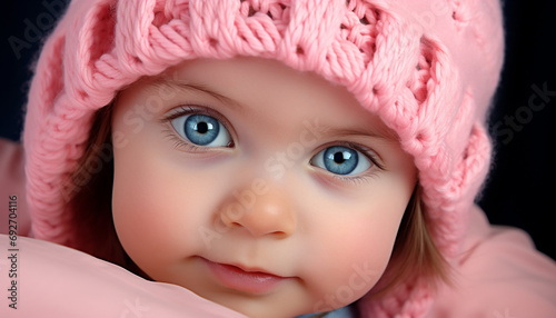 Cute baby girl with blue eyes smiling generated by AI